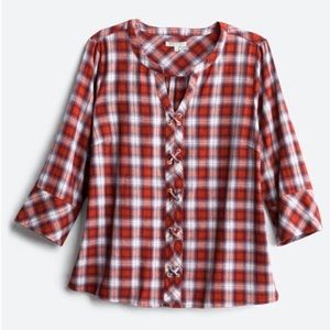 Skies are Blue Londyn Lace-Up Detail Plaid Top